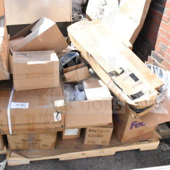 14 brand new scratch and dent items on a pallet, including melamine plates and table base. Various boxes, unopened.