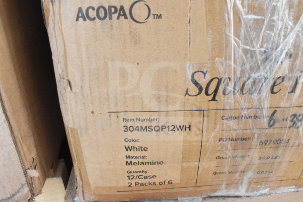 Cardboard box labeled "ACOPA," contains white melamine items, item number 304MSQP12WH, 12 per case, two packs of six.