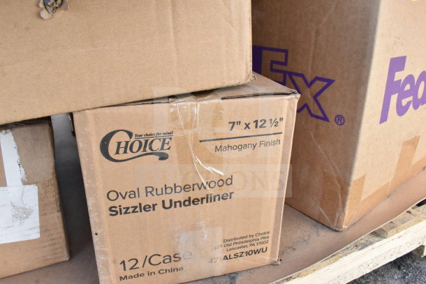 Cardboard boxes with "Choice" label, containing oval rubberwood sizzler underliners, 7"x12.5", mahogany finish, 12 per case.