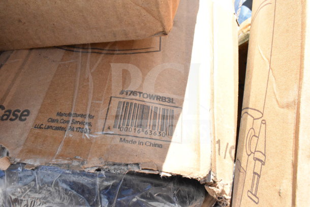 Cardboard boxes with barcode #176TOWRB3L, labeled for Clark Core Services, Lancaster, PA. Contains new melamine plates.