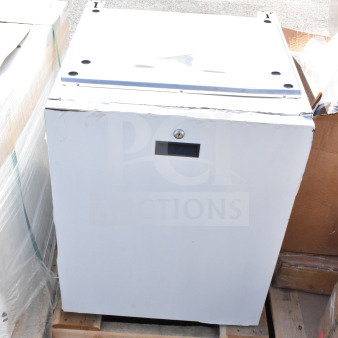 Brand new commercial cabinet with slight scratches and dents, shown on pallet. Features a lock and handles.