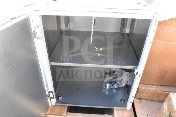 Commercial cabinet, brand new, minor scratches and dents, double-door design, metal interior, includes key and lock.