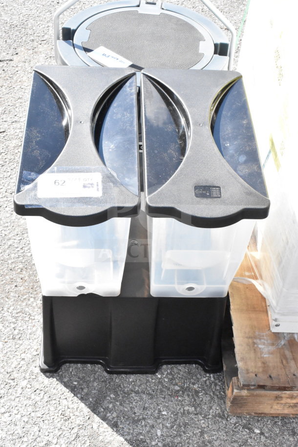 BRAND NEW SCRATCH AND DENT! Countertop double beverage holder dispenser with dual translucent containers and black lids.
