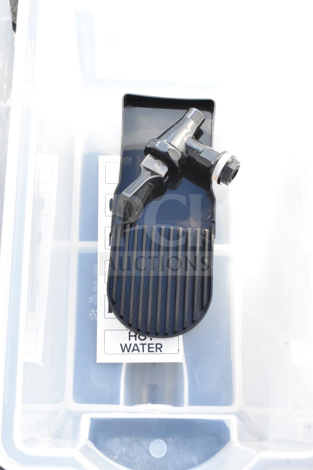 Brand new countertop double beverage holder dispenser, scratch and dent, with black tap and "HOT WATER" label.