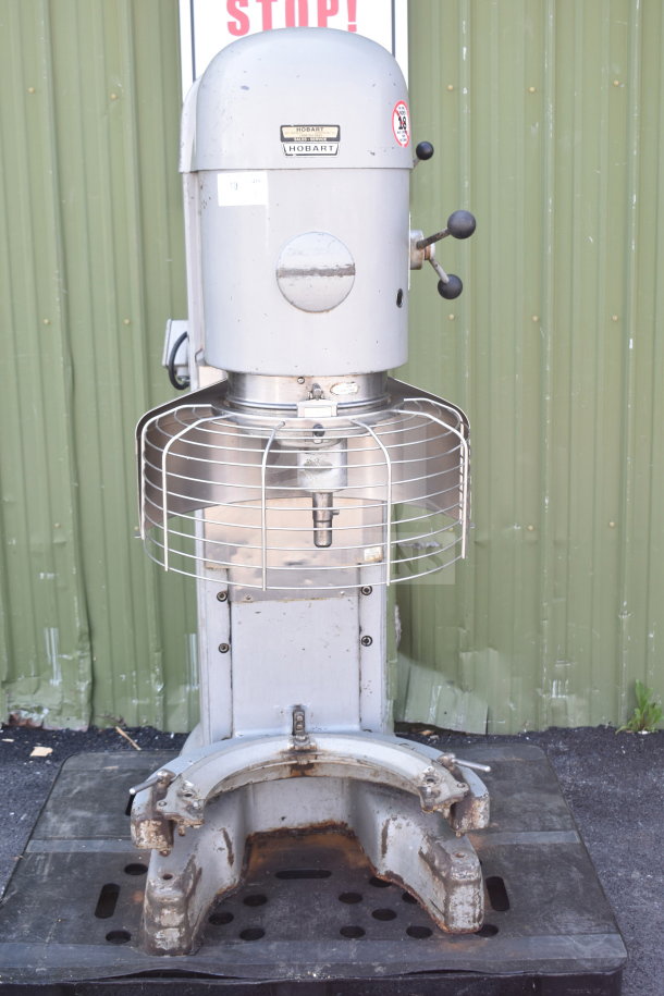 Hobart M-802 commercial 80-quart dough mixer with bowl guard and adapter, 200V, 3-phase, floor style, visible wear.