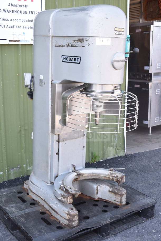 Hobart M-802 80 Quart Dough Mixer, with bowl guard and adapter, 200V, 3-phase, used condition, visible wear.