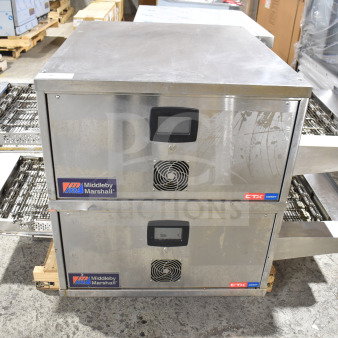 Middleby Marshall CTX DZ33T stainless steel conveyor pizza ovens, 208V, 3/1 phase, tested and working, on commercial casters.