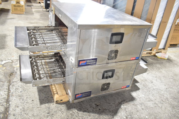 2 Middleby Marshall CTX DZ33T stainless steel conveyor pizza ovens, electric powered, on casters, 208V, tested working.