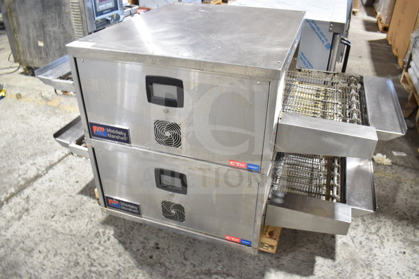 Stainless steel Middleby Marshall CTX DZ33T commercial conveyor pizza ovens on casters, tested and working.