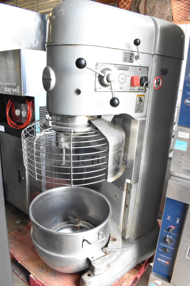 Hobart M-802 80 qt commercial dough mixer with bowl, bowl guard, and dolly. 200V, 3-phase. Used condition.
