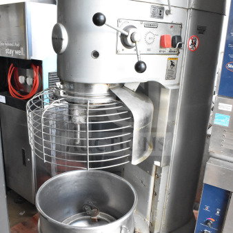 Hobart M-802 80 qt commercial dough mixer with bowl, bowl guard, and dolly. 200V, 3-phase. Used condition.