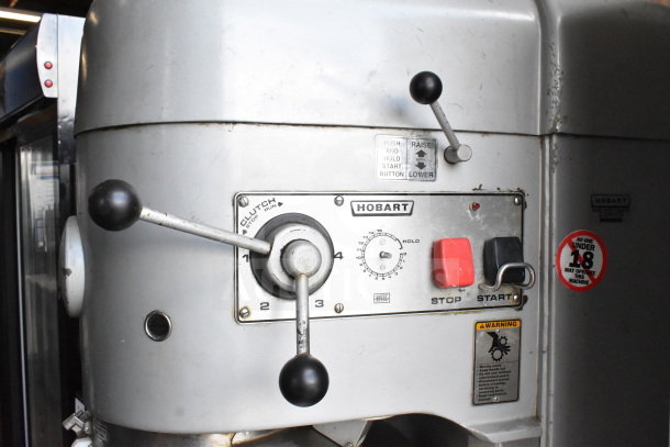 Hobart M-802 commercial 80 qt dough mixer, features control panel, levers, 200V, 3-phase. Includes bowl, guard, dolly.