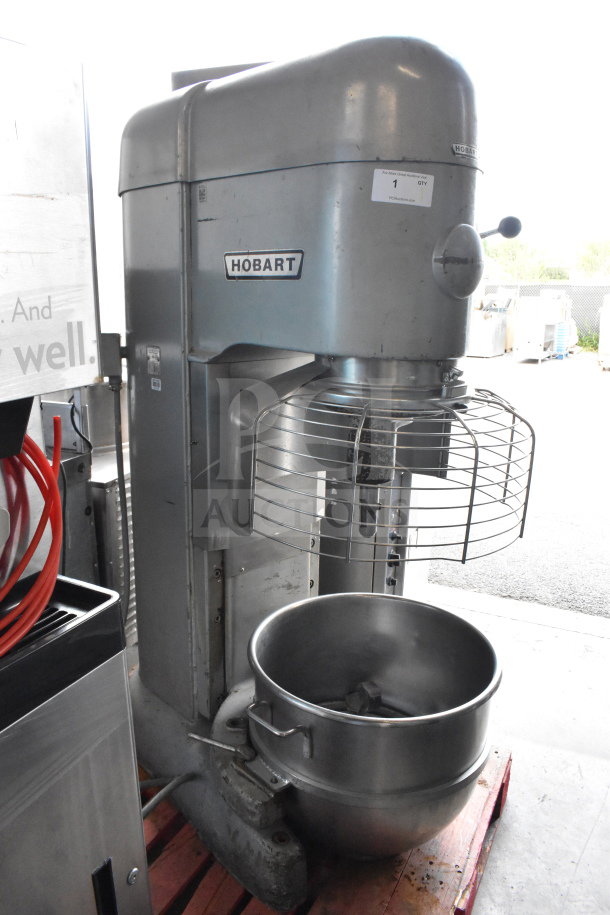 Hobart M-802 commercial 80-quart dough mixer, planetary style, with bowl, guard, and dolly; 200V, 3-phase.