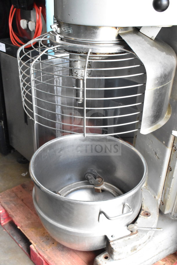 Hobart M-802 80 Quart Commercial Dough Mixer with bowl, guard, and dolly. 200V, 3-phase, floor style. Good condition.