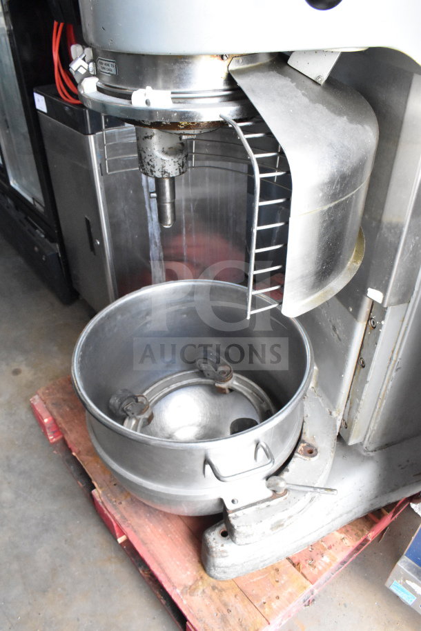 Hobart M-802 commercial 80-qt dough mixer with bowl, bowl guard, and dolly. 200V, 3-phase. Well-maintained condition.