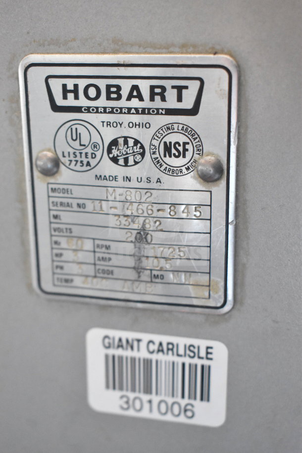 Hobart M-802 dough mixer label showing model, serial number, 200 volts, 3-phase, made in USA.