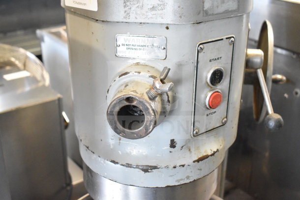 Hobart H 600 60-Quart mixer, showing controls and worn metal finish, includes bowl and dough hook, 200V.