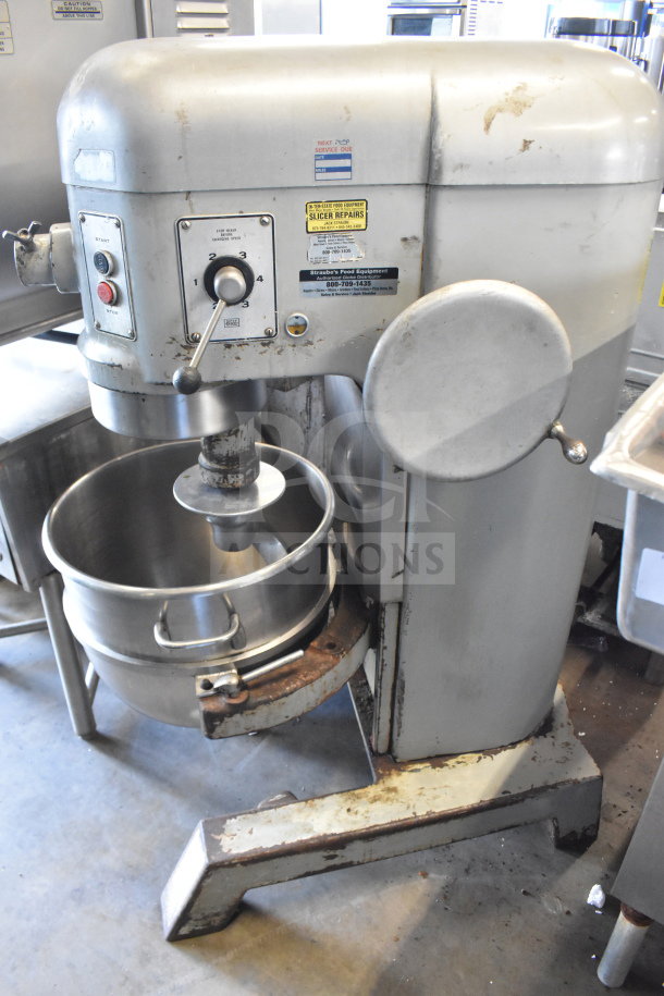 Hobart H 600 commercial 60-quart dough mixer, includes bowl and dough hook attachment, 200 volts, visible wear, functional condition.