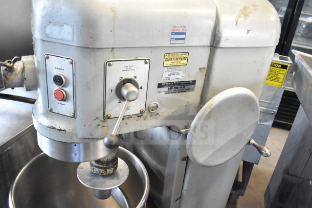 Hobart H 600 Commercial Floor Style 60 Quart Planetary Dough Mixer with bowl and dough hook, 200 Volts. Visible wear.