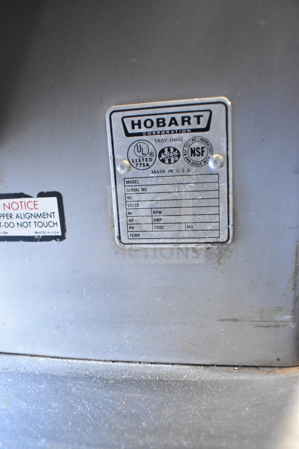 Hobart 4246 HD Commercial Meat Grinder label, showing model details and specs, 208 volts, 3 phase, UL listed.