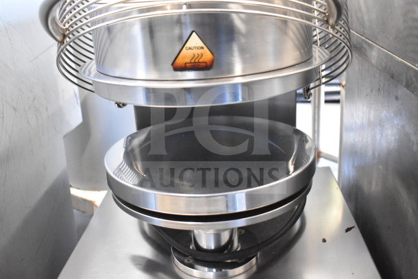 2017 Cuppone PZF/30DS-B6-US dough press, stainless steel, electric, 208V, 3 phase, caution heat label visible, excellent condition.