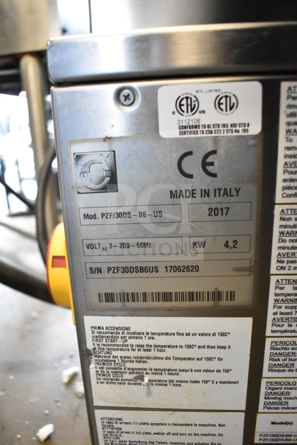 2017 Cuppone PZF/30DS-B6-US Commercial Electric Dough Press, 208V, 3 Phase. CE marked, made in Italy. Model and specs visible.