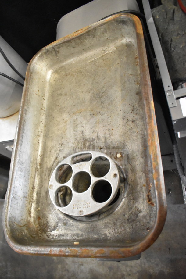 Hobart 4442 Commercial Meat Grinder tray, metallic, worn condition, markings visible, 220 volts, 3 phase.
