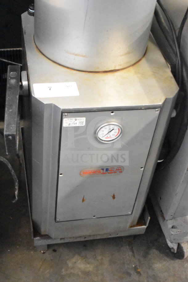 Mainca commercial floor-style sausage stuffer with control gauge, 250 volts, 1 phase, visible Mainca USA logo, used condition.