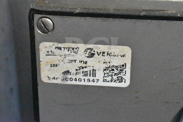 Mainca commercial floor-style sausage stuffer with label showing model information and QR code. 250 Volts, 1 Phase.