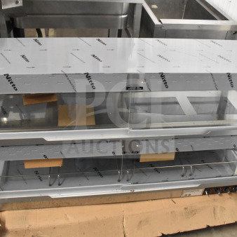 Hatco GRHD-4PD stainless steel Glo-Ray 58 1/2" dual shelf merchandiser, brand new with protective wrap visible.
