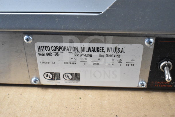 BRAND NEW Hatco GRHD-4PD stainless steel dual shelf merchandiser, 120/240V, scratch and dent, model and serial labels visible.