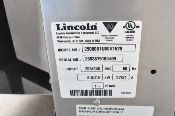 Lincoln Model 250001U00V1620 label showing details for 50" ventless electric conveyor oven, 208-240V, 1 phase.