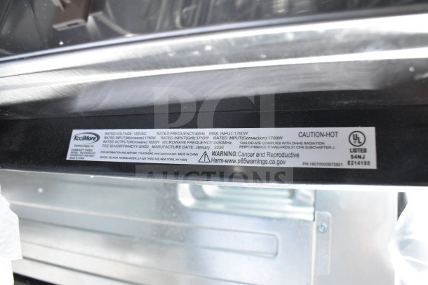 KoolMore KM-CWO24-SS Stainless Steel Convection Oven label shows specs: 120V, 1 Phase, model KM-CWO24-SS. Broken glass noted.