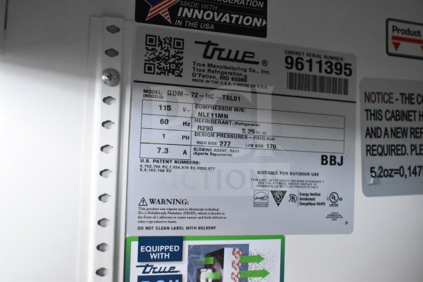 2019 True GDM-72-HC commercial cooler label. Details: 115V, 1 phase, R290 refrigerant, model GDM-72-HC, serial 9611395.
