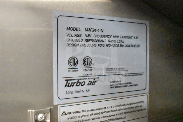 Turbo Air M3F24-1-N label, showing voltage (115V), current (4.4A), refrigerant (R-290), and pressure specs.