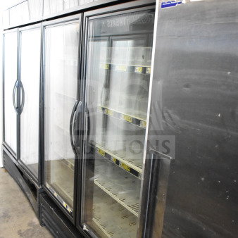 2019 True GDM-49-HC commercial 2-door cooler merchandiser, 115 volts, 1 phase, tested and working, shelves visible.