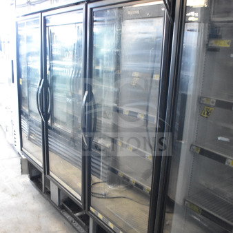 2019 True GDM-472F-HC 3-door reach-in freezer merchandiser, black frame, glass doors, tested, working condition.