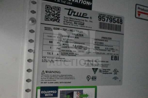 2019 True GDM-472F-HC Commercial Freezer label. Model, voltage, refrigerant, and patent details shown.