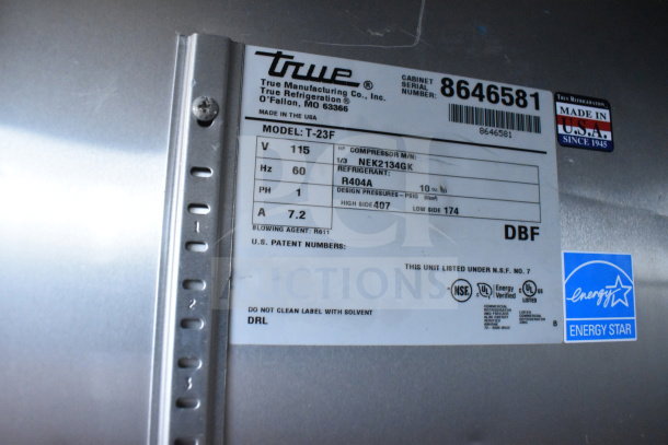 True T-23F Commercial Freezer label showing model, voltage, refrigerant type, and Energy Star certification.
