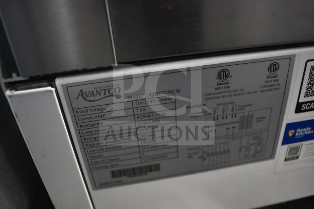 Brand new Avantco 193BC72HCW refrigerated bakery display case. Rated voltage: 110-120V, uses R290 refrigerant. Model label shown.