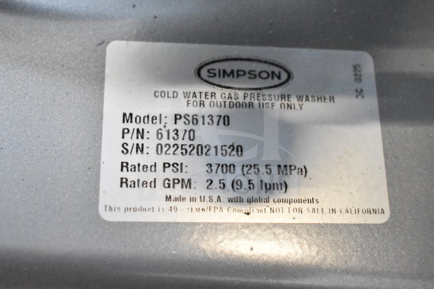 Simpson PS61370 Pro Series pressure washer label; Model PS61370, 3700 PSI, 2.5 GPM, made in USA, not for California sale.