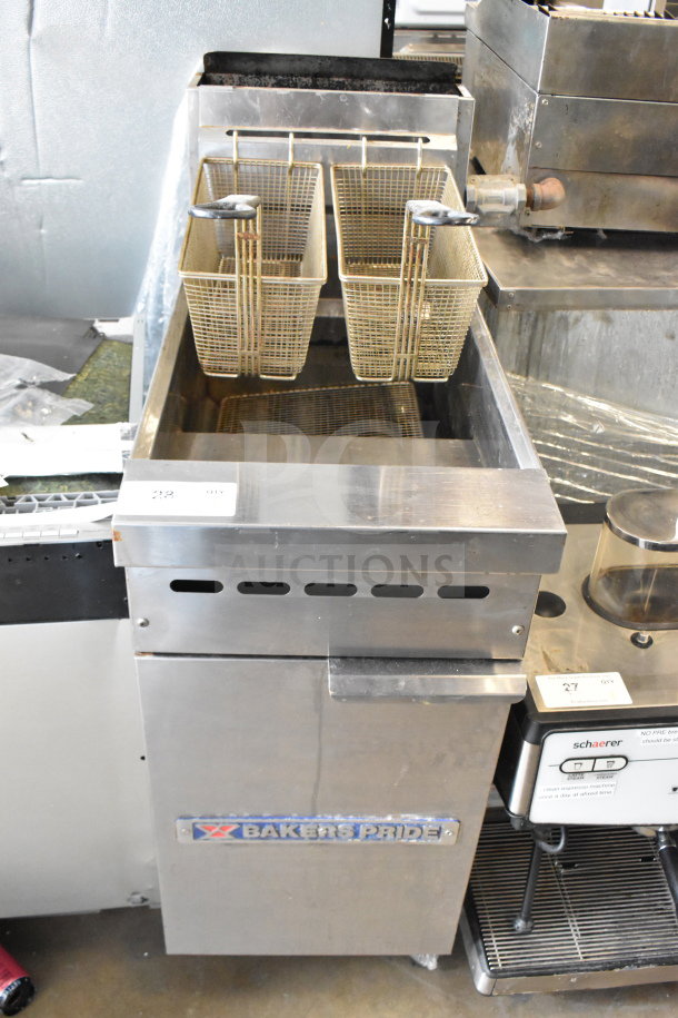 Bakers Pride Commercial Gas Deep Fat Fryer, 114,000 BTU, dual baskets, visible wear, stainless steel exterior with logo.