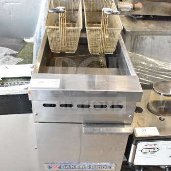 Bakers Pride Commercial Gas Deep Fat Fryer, 114,000 BTU, dual baskets, visible wear, stainless steel exterior with logo.