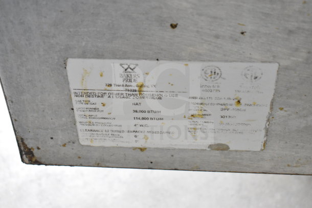 Bakers Pride Commercial Natural Gas Deep Fat Fryer label, 114,000 BTU, showing specifications, model, and condition details.