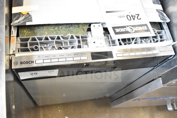Bosch SPV68C73UC/44 undercounter dishwasher, 120V, 1 Phase. Control panel with multiple settings visible, including heavy, auto, and express.