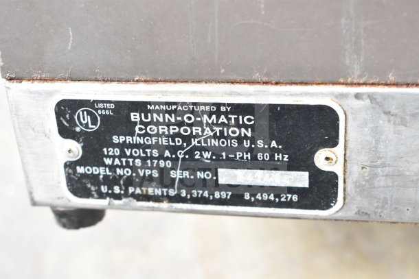 Bunn VPS Commercial Coffee Machine label showing 120 Volts, 1 Phase, UL listed, made by Bunn-O-Matic Corporation.