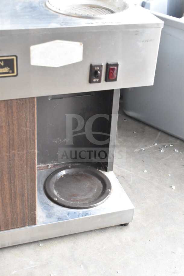 Bunn VPS commercial coffee machine, 120V, 1-phase, stainless steel, wood panel detail, on/off switches, used condition.
