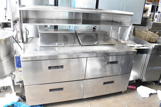 2017 Delfield UCD4464N-12-DD5 commercial sandwich salad prep table with 4 drawers, overshelf, stainless steel finish.