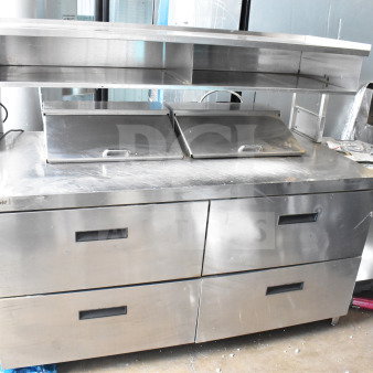 2017 Delfield UCD4464N-12-DD5 commercial sandwich salad prep table with 4 drawers, overshelf, stainless steel finish.