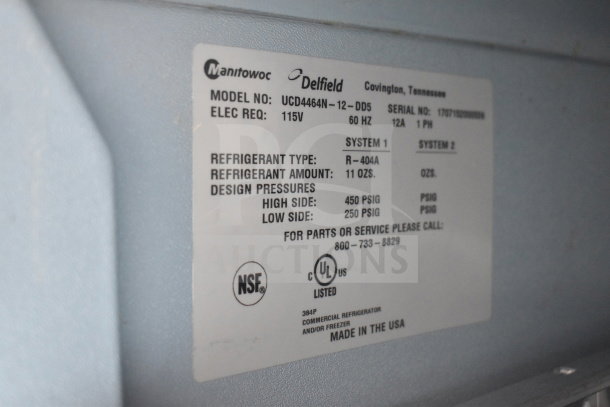 Delfield 2017 UCD4464N-12-DD5 prep table label, 115V, R-404A refrigerant, NSF, UL listed, Made in USA.